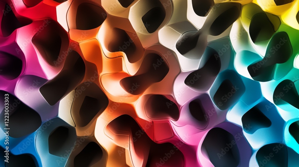 Poster an abstract background with vibrant geometric shapes in various colors, creating a dynamic and playf