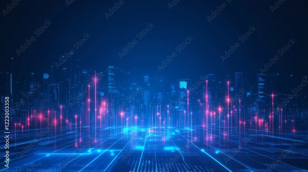 Fototapete An abstract financial graph with glowing data points and smooth lines, set against a dark gradient background, conveying a modern and high-tech feel