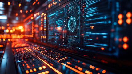 Futuristic AI Innovation Hub with Digital Interface and Data Visualization in Research and Development