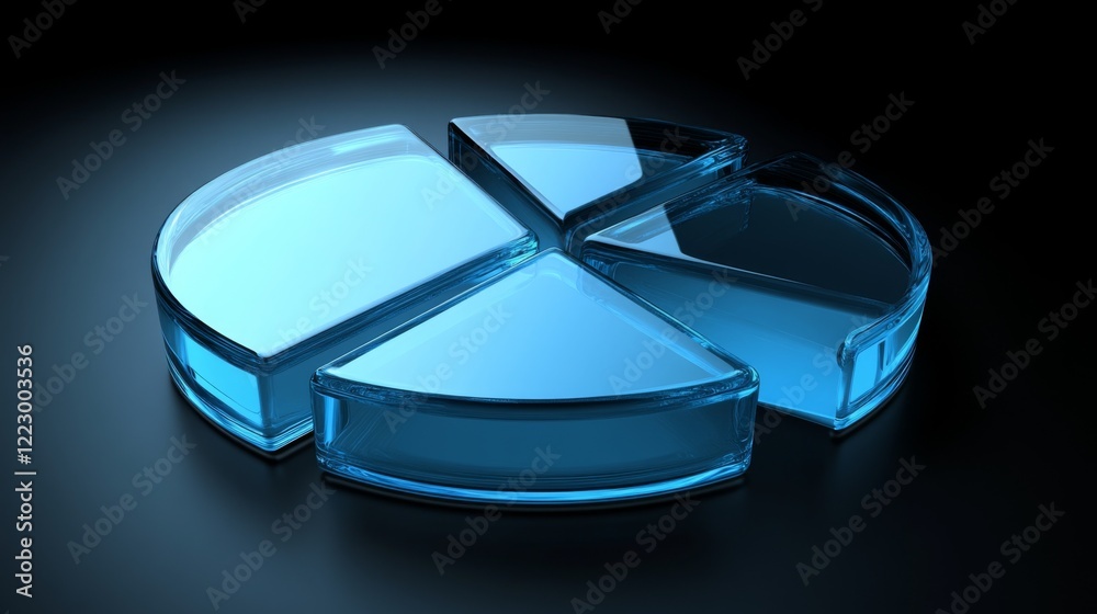 Fototapete An abstract financial pie chart with transparent slices in shades of blue and gray, on a dark gradient background with glowing highlights