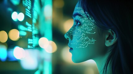 Woman analyzing digital data on a screen with green light reflections, showcasing technology, finance, innovation, and futurism in a modern workspace.