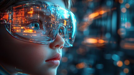Futuristic Child Wearing Glasses Interacting with Glowing Holograms in Digital Space
