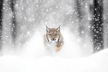 Wild Lynx running snowy