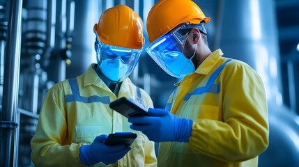 Factory Workers Inspecting Cleaning Results with Handheld UV-Light Devices for Thorough