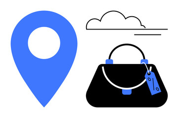 Blue location pin icon, black handbag with a blue price tag, cloud graphic with lines. Ideal for shopping, location services, fashion industry, e-commerce, retail travel navigation. Simple abstract