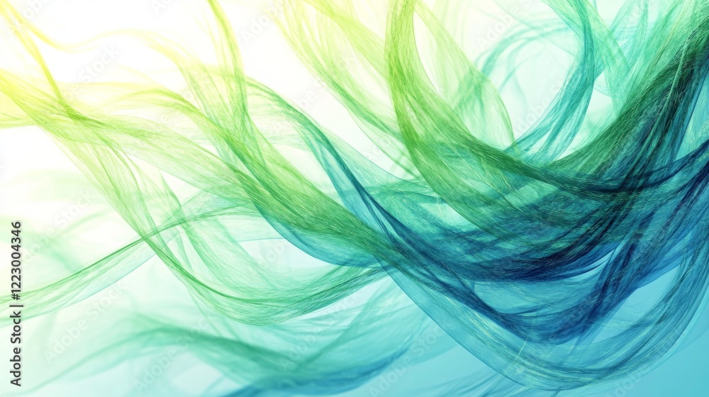 Leinwandbilder An artistic close-up of flowing, curved lines in shades of blue and green, intertwining and creating a sense of fluidity against a soft gradient background