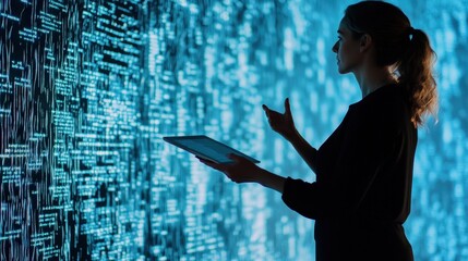 Woman using tablet in front of digital data wall while analyzing information for tech development, data science trends, and innovative business solutions.
