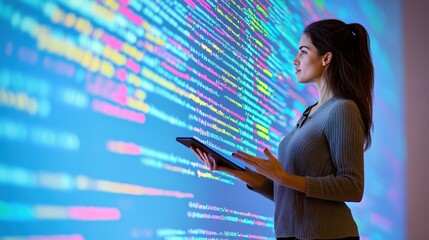 Woman using tablet with coding and programming visualizations on screen, engaged in technology development and software analysis in modern workspace.