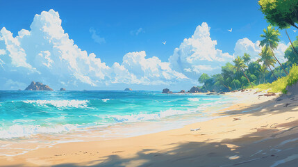 Painting of a tranquil beach scene featuring a palm tree and soft waves under a clear blue sky with a few clouds in the background