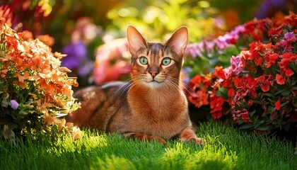 A fluffy Abyssinian lying in a flower garden, surrounded by colorful flowers and soft green grass