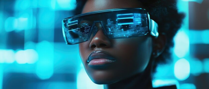 Woman wearing futuristic augmented reality glasses in high-tech environment, exploring digital data and immersive technology trends for innovation in business.