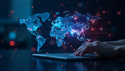 Holographic World Map Overlaying Laptop in a Dark Setting with Bokeh Lights