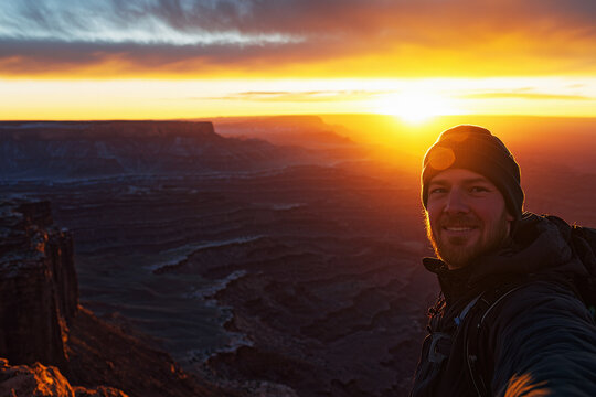 Man enjoying a serene sunset moment while hiking in the mountains, capturing a memorable selfie during the golden hour