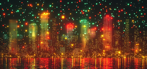 Vibrant cityscape at night, rendered in a futuristic, pixelated style.  Red, green, and yellow lights illuminate the buildings, reflecting on calm water. Ideal for tech, futuristic, or holiday themes.