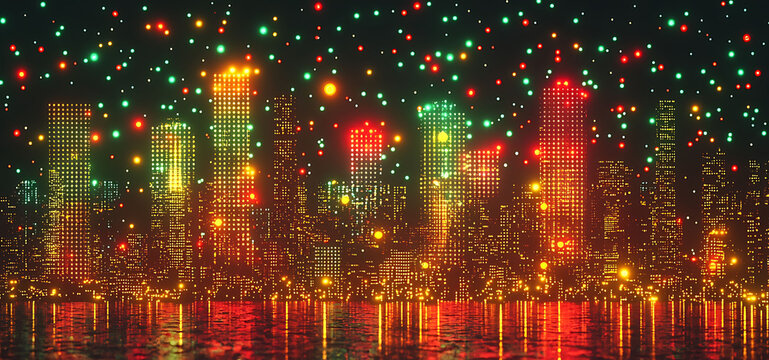 Vibrant cityscape at night, rendered in a futuristic, pixelated style.  Red, green, and yellow lights illuminate the buildings, reflecting on calm water. Ideal for tech, futuristic, or holiday themes.