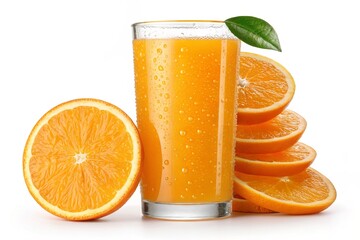 A glass of fresh orange juice with ripe oranges on a white background