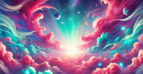 Banner-Design mit einem fantasievollen Himmel in Rosa, T&uuml;rkis und Violett