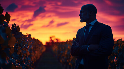 Obraz premium businessman in vineyard at sunset, deep in thought