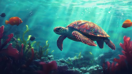 Obraz premium Turtle surrounded by colorful fish in a kelp forest, soft sunlight filtering through, natural textures, serene vibe. , closes up