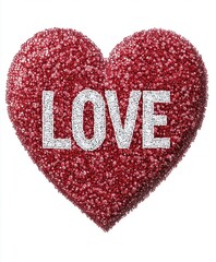 A decorative heart made of red beads with the word LOVE in white letters.