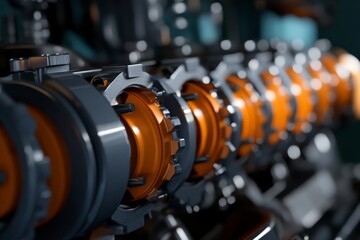Fototapeta premium Close-up view of a modern engine component showcasing intricate details and vibrant colors in a workshop setting
