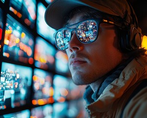 Observant Digital Age Detective Monitoring Security Footage on Neon Lit Multi Screen Setup