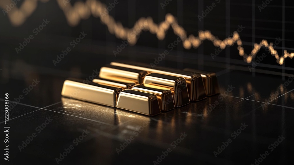 Aufkleber An elegant D bar graph with gold bars on a polished black surface, showcasing a steady rise in value, symbolizing golds stable market position