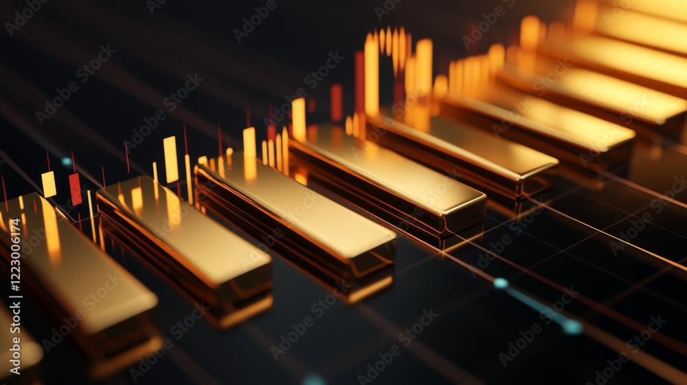 Poster an elegant d bar graph with gold bars on a polished black surface, showcasing a steady rise in value