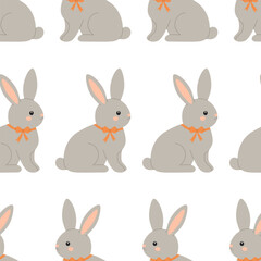 Seamless pattern with cute little rabbits on white background. Easter animals. Grey farm bunnies with bows. Vector flat illustration for wallpaper, textile, packaging