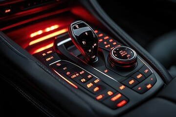 Close-up of a car's illuminated center console showcasing the gear selector and various control buttons
