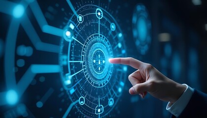 Hand touching futuristic digital interface with glowing blue circular pattern and lines