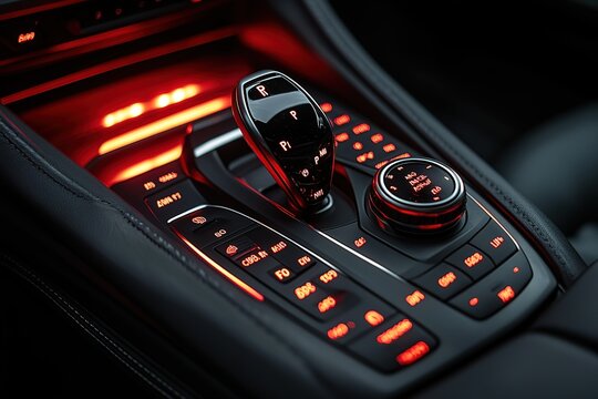 Close-up of a car's illuminated center console showcasing the gear selector and various control buttons