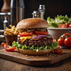 "Generative AI image of a delicious burger with grilled meat, topped with fresh vegetables, tomatoes, ketchup, sliced onions, cheese, and crisp lettuce, all sandwiched between soft buns. 