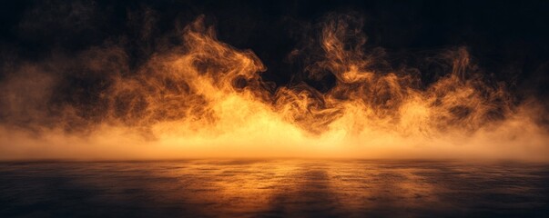 Fototapeta premium Yellow mist, with a glowing spotlight piercing through the dark surroundings.