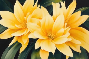 Fototapeta premium Yellow dahlias with lush green leaves: botanical beauty captured in vivid color
