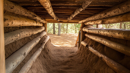 Naklejka premium dugout shelter reinforced with logs, showcasing natural materials and structure
