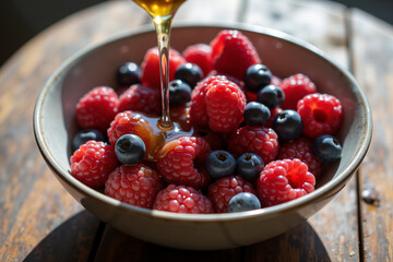 Fresh berries with honey drizzle on rustic table