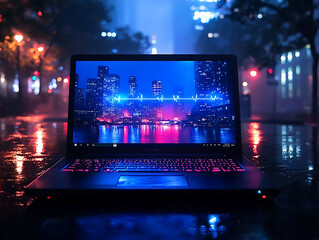 Sleek laptop displays vibrant cityscape at night, a heartbeat graphic overlaying the skyline. Perfect for technology, urban lifestyle, or healthcare concepts.