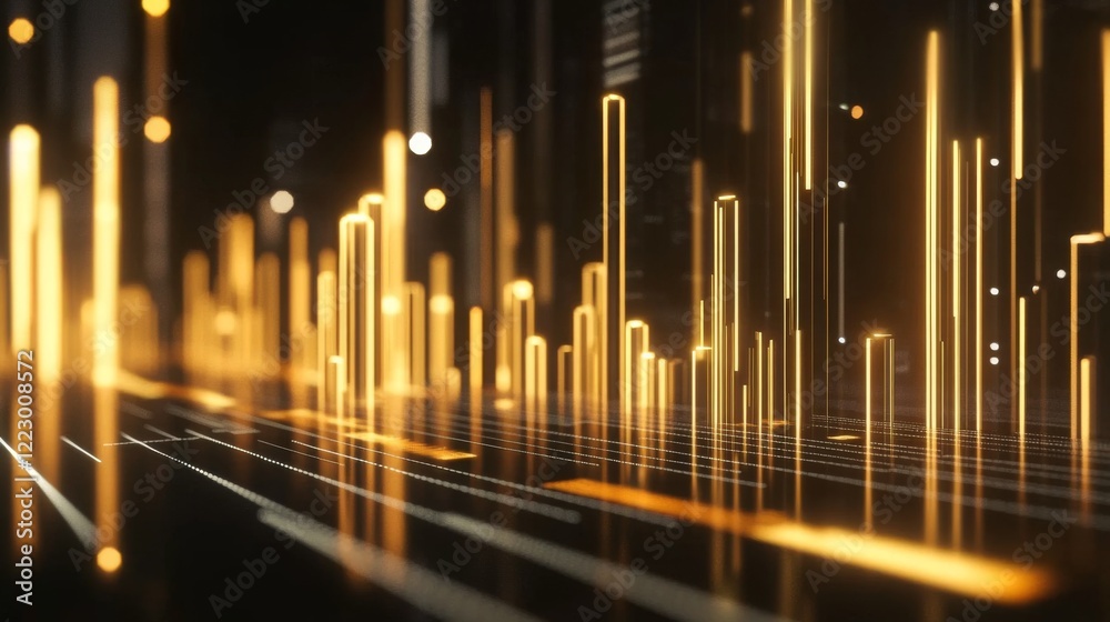 Poster a d bar chart with gold bars of different heights on a reflective black surface, symbolizing rising 