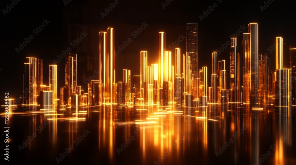 Poster a d bar chart with gold bars of different heights on a reflective black surface, symbolizing rising 