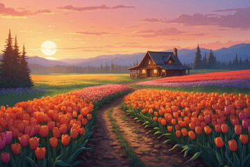 Colorful tulip field at sunrise, golden light, soft mist, small path to wooden cabin, glowing anime petals