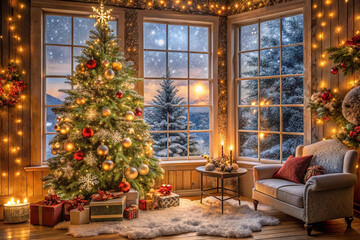 Cozy Christmas living room with decorated tree, gifts, and snowy winter view.