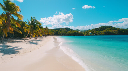 Fototapeta premium A tropical beach with turquoise water, white sand, and palm trees swaying under a bright sunny sky, relaxing, tropical, summer, ocean