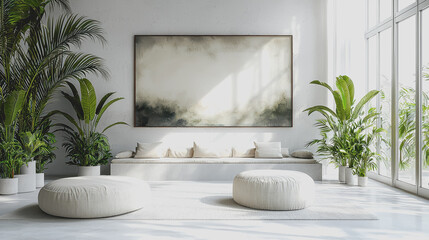 Large painting hanging on a wall in a well-lit room showcasing abstract art with vibrant colors and unique geometric shapes