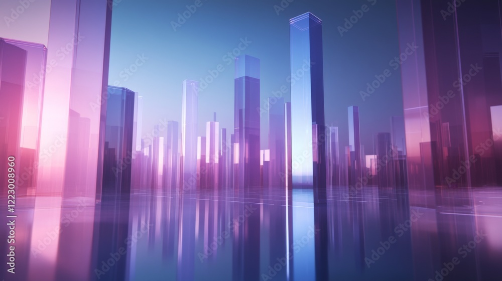 Poster a d bar graph with tall, transparent bars in shades of blue and purple, set on a reflective surface 