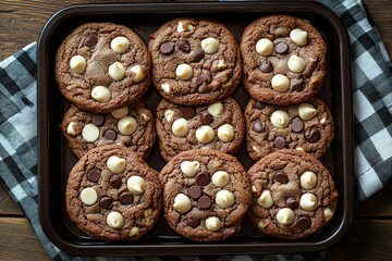 Fototapeta premium A tray of freshly baked chocolate cookies with white chocolate chips arranged neatly for a delightful treat