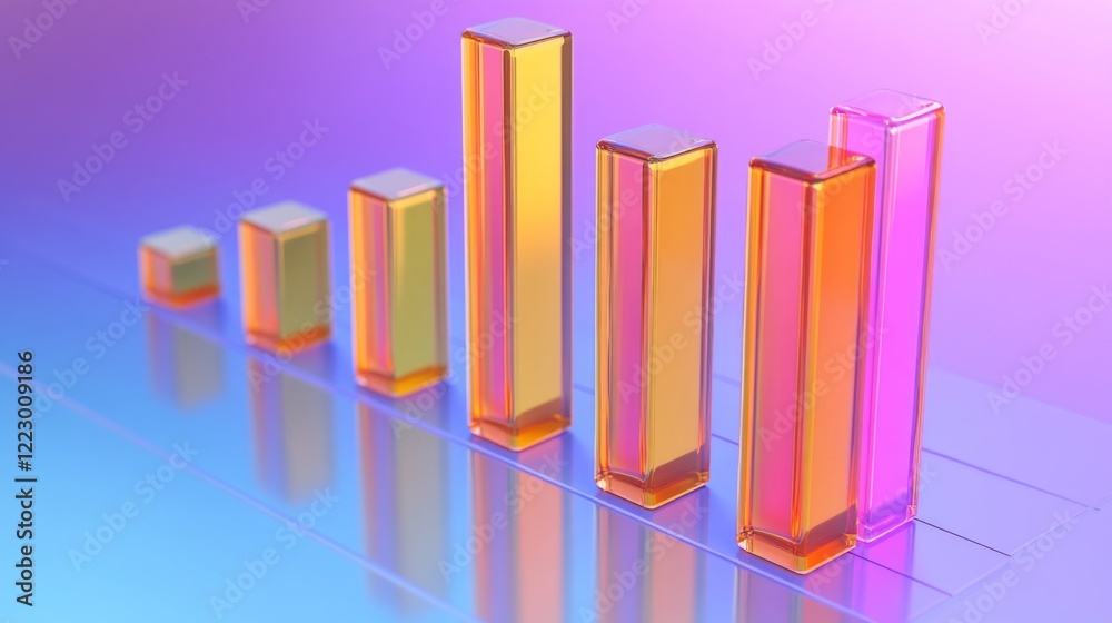 Poster a d bar graph with vibrant, semi-transparent bars of varying heights on a gradient blue background, 