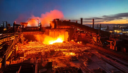 Dramatic aerial view of a steel mill at twilight. Molten metal glows intensely, showcasing the industrial process.
