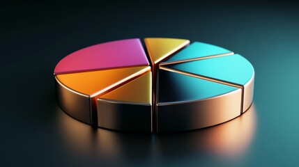 Fototapeta premium A D financial pie chart with metallic segments, casting shadows on a dark background, creating a modern, professional data visualization