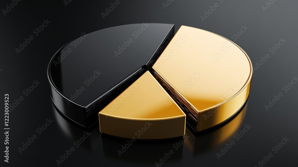 Poster a d pie chart with gold and silver segments on a dark reflective background, illustrating the portio